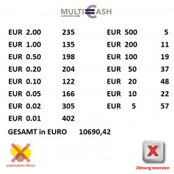 Screen showing values for coins and notes